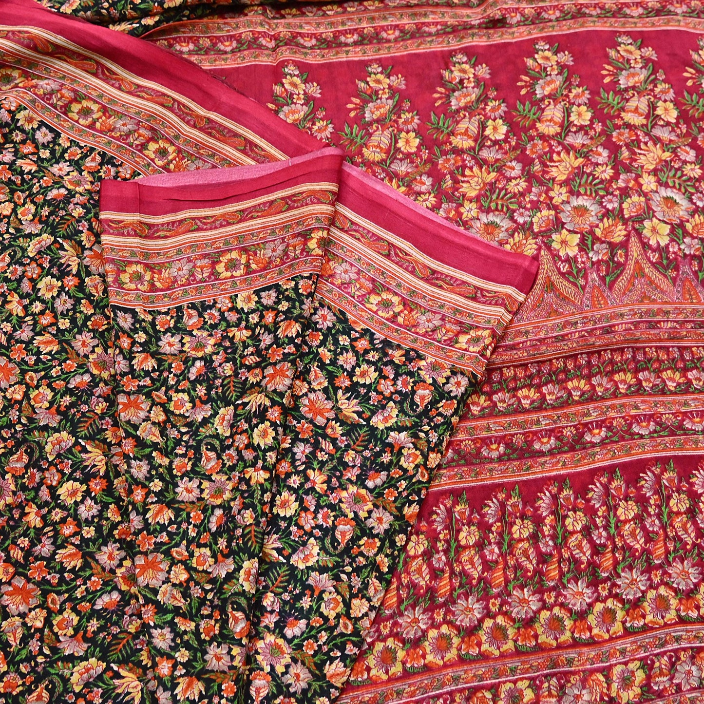 Indian Vintage Red & Black Pure Silk Printed Saree 5 Yards Soft Floral Fabric for Dressmaking, Quilting, Crafting, Sewing, Dress Making