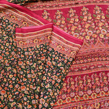 Indian Vintage Red & Black Pure Silk Printed Saree 5 Yards Soft Floral Fabric for Dressmaking, Quilting, Crafting, Sewing, Dress Making