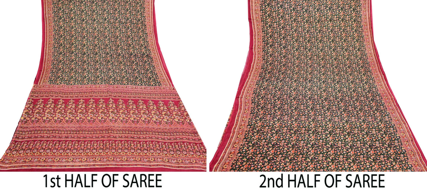Indian Vintage Red & Black Pure Silk Printed Saree 5 Yards Soft Floral Fabric for Dressmaking, Quilting, Crafting, Sewing, Dress Making