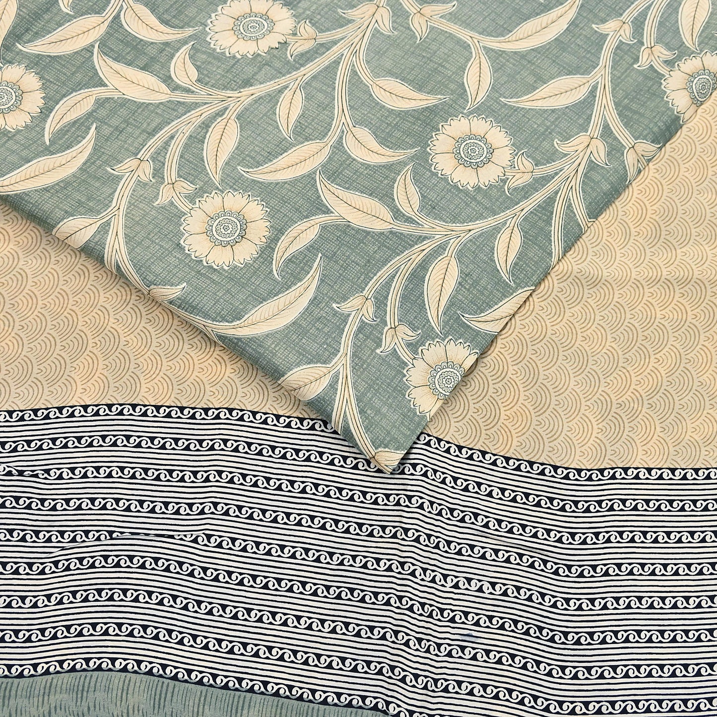 Indian Vintage Beige & Green Saree Pure Silk Printed Indian Sari Fabric 5yd Sewing Craft Fabric DressMaking Soft