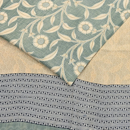 Indian Vintage Beige & Green Saree Pure Silk Printed Indian Sari Fabric 5yd Sewing Craft Fabric DressMaking Soft