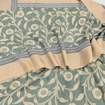 Indian Vintage Beige & Green Saree Pure Silk Printed Indian Sari Fabric 5yd Sewing Craft Fabric DressMaking Soft