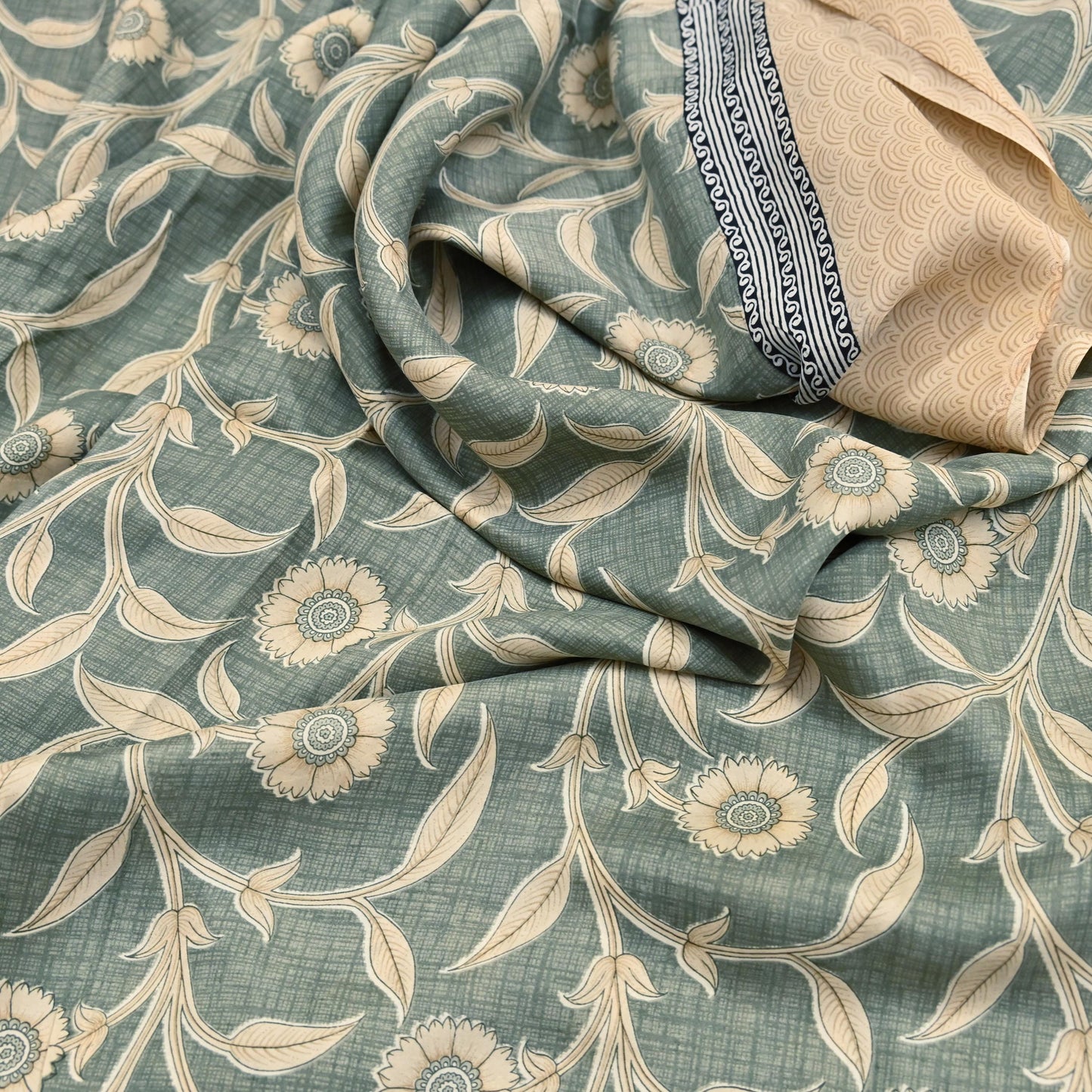 Indian Vintage Beige & Green Saree Pure Silk Printed Indian Sari Fabric 5yd Sewing Craft Fabric DressMaking Soft