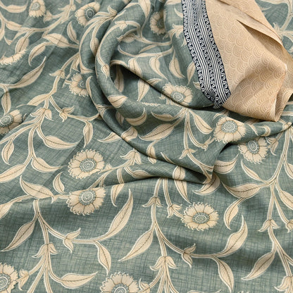 Indian Vintage Beige & Green Saree Pure Silk Printed Indian Sari Fabric 5yd Sewing Craft Fabric DressMaking Soft