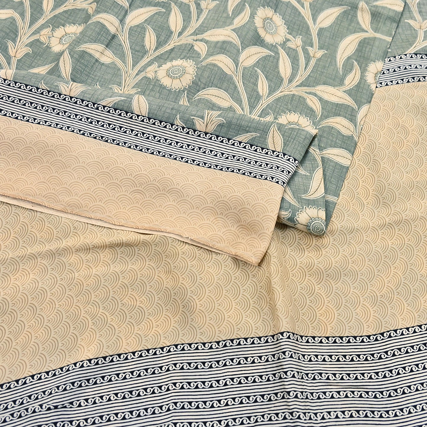 Indian Vintage Beige & Green Saree Pure Silk Printed Indian Sari Fabric 5yd Sewing Craft Fabric DressMaking Soft