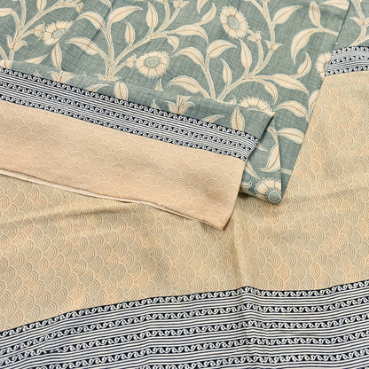Indian Vintage Beige & Green Saree Pure Silk Printed Indian Sari Fabric 5yd Sewing Craft Fabric DressMaking Soft
