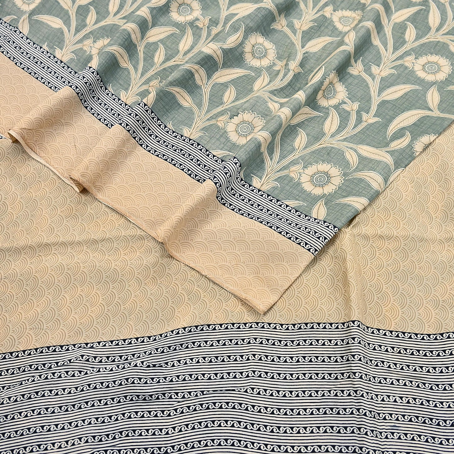 Indian Vintage Beige & Green Saree Pure Silk Printed Indian Sari Fabric 5yd Sewing Craft Fabric DressMaking Soft