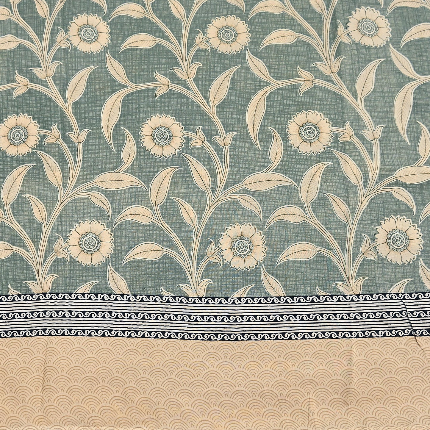 Indian Vintage Beige & Green Saree Pure Silk Printed Indian Sari Fabric 5yd Sewing Craft Fabric DressMaking Soft