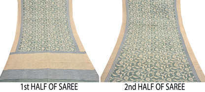Indian Vintage Beige & Green Saree Pure Silk Printed Indian Sari Fabric 5yd Sewing Craft Fabric DressMaking Soft