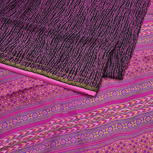 Vintage Black Pink Saree 5 Yards Floral Paisley Pure Silk Indian Craft Fabric for Dressmaking, Quilting & Christmas Decor