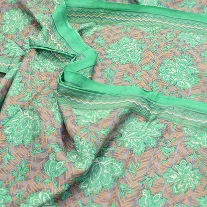 Vintage Gray & Green Pure Silk Saree Indian Printed Floral Silk Fabric 5 Yard Soft Sewing Material for Dressmaking, Quilting Crafts