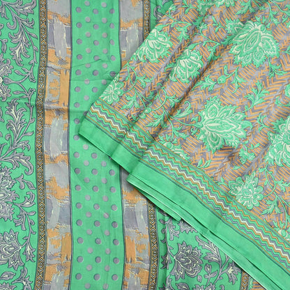 Vintage Gray & Green Pure Silk Saree Indian Printed Floral Silk Fabric 5 Yard Soft Sewing Material for Dressmaking, Quilting Crafts