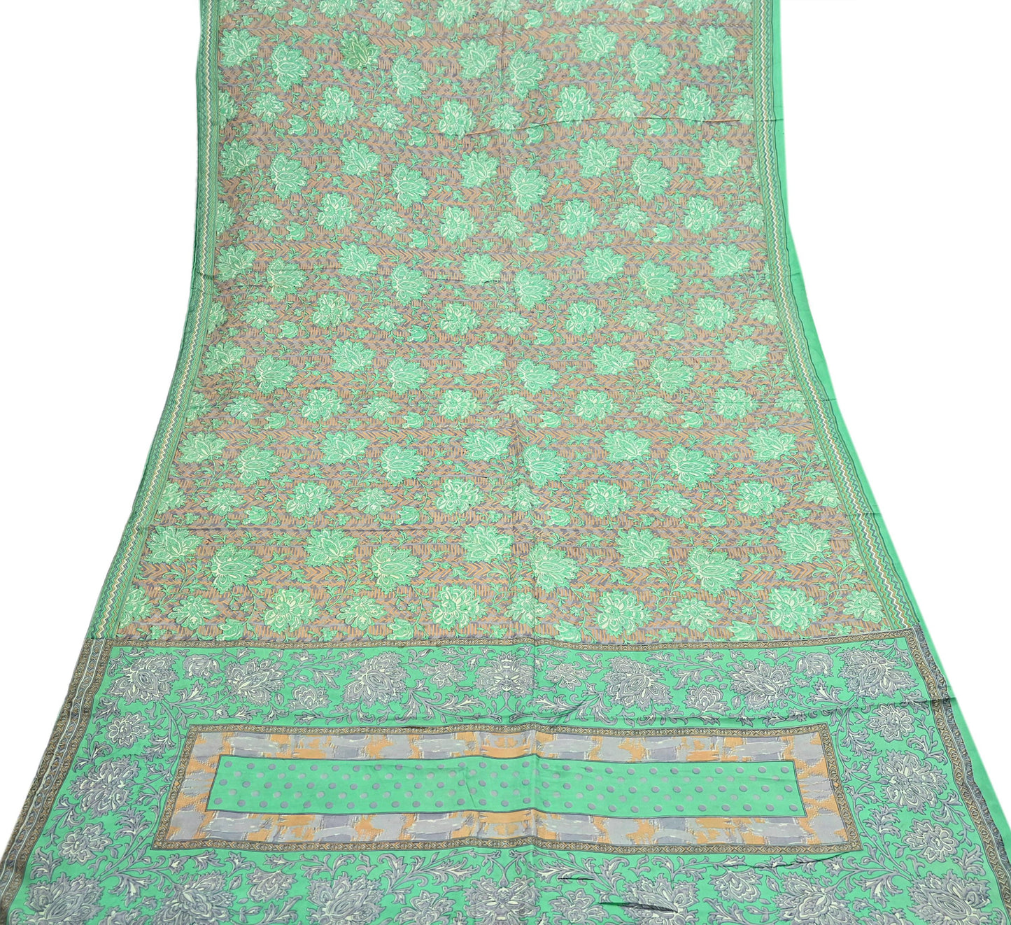 Vintage Gray & Green Pure Silk Saree Indian Printed Floral Silk Fabric 5 Yard Soft Sewing Material for Dressmaking, Quilting Crafts