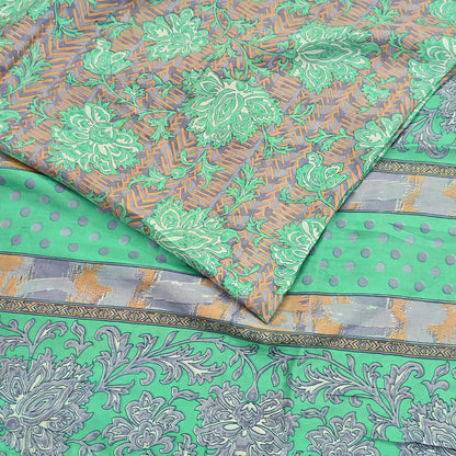 Vintage Gray & Green Pure Silk Saree Indian Printed Floral Silk Fabric 5 Yard Soft Sewing Material for Dressmaking, Quilting Crafts