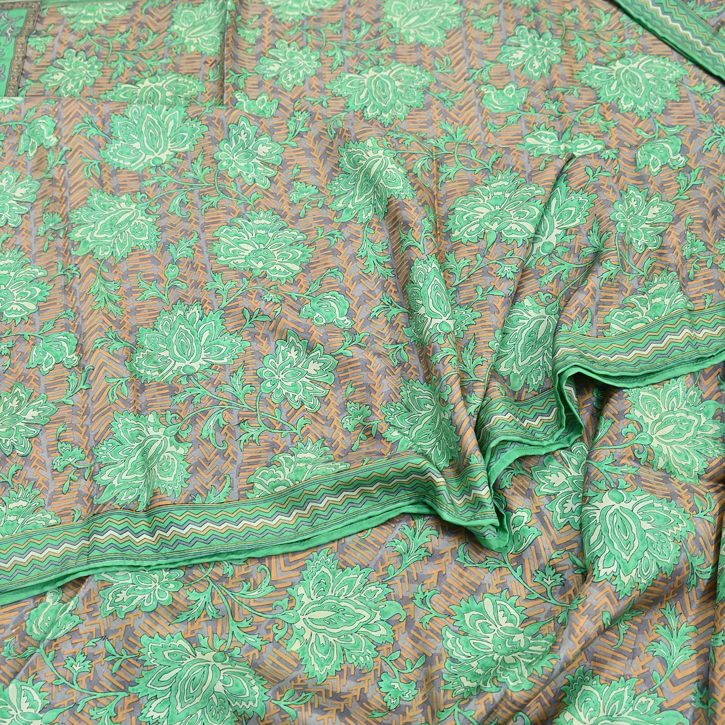 Vintage Gray & Green Pure Silk Saree Indian Printed Floral Silk Fabric 5 Yard Soft Sewing Material for Dressmaking, Quilting Crafts