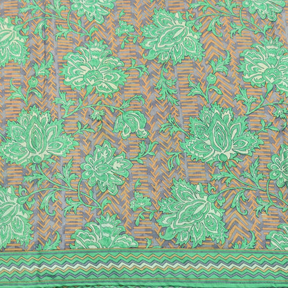 Vintage Gray & Green Pure Silk Saree Indian Printed Floral Silk Fabric 5 Yard Soft Sewing Material for Dressmaking, Quilting Crafts