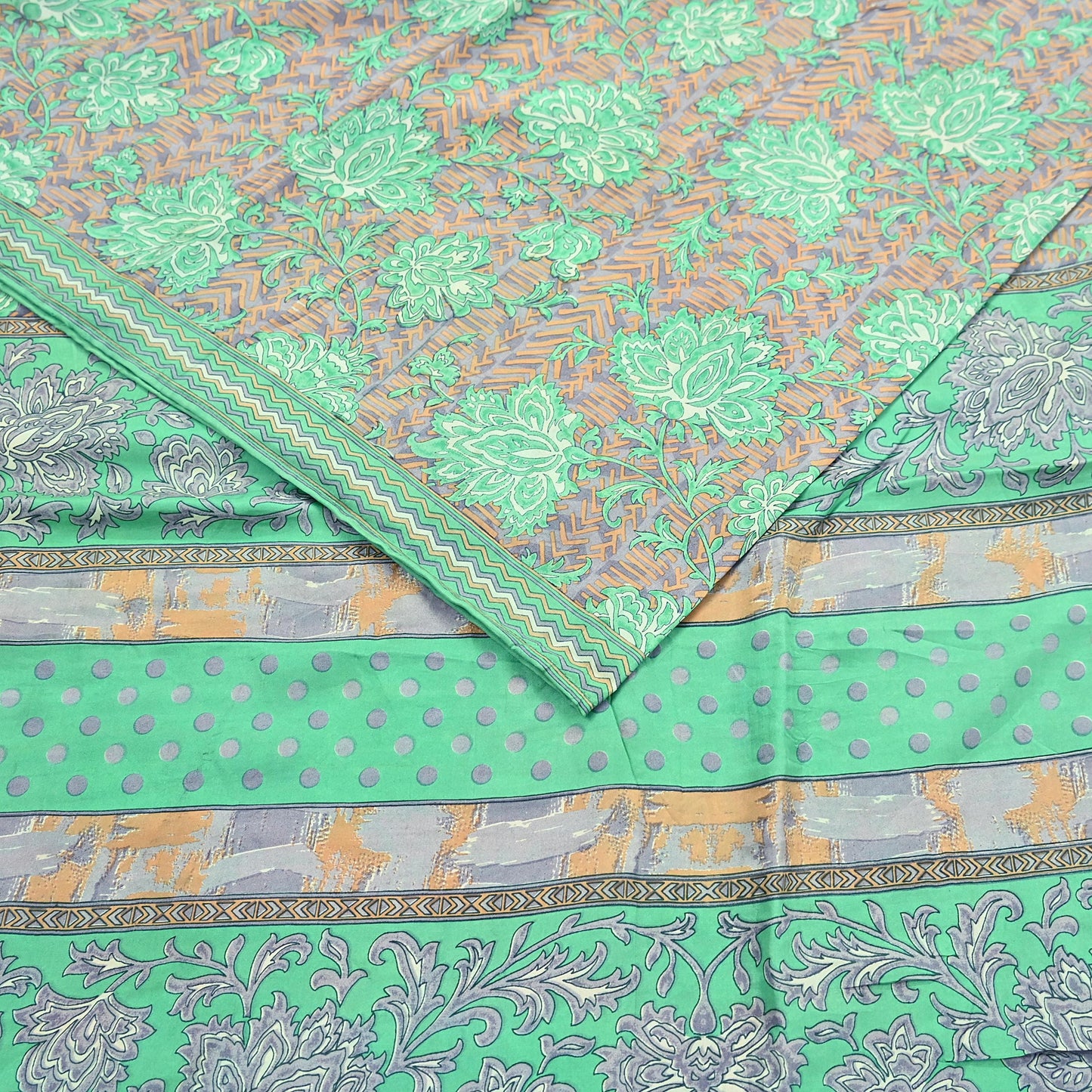 Vintage Gray & Green Pure Silk Saree Indian Printed Floral Silk Fabric 5 Yard Soft Sewing Material for Dressmaking, Quilting Crafts