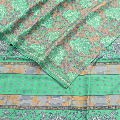 Vintage Gray & Green Pure Silk Saree Indian Printed Floral Silk Fabric 5 Yard Soft Sewing Material for Dressmaking, Quilting Crafts