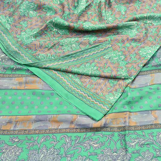 Vintage Gray & Green Pure Silk Saree Indian Printed Floral Silk Fabric 5 Yard Soft Sewing Material for Dressmaking, Quilting Crafts