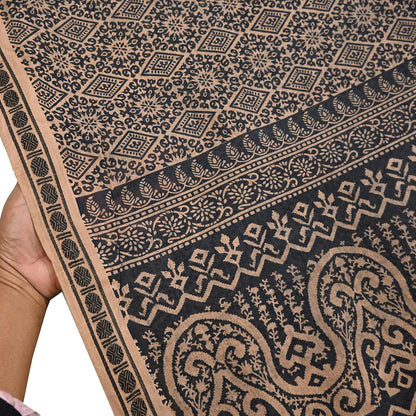 Indian Vintage Sari Beige & Black Printed Pure Cotton Sarees Fabric Floral 5Yd Sarong Wrap Boho Fabric Kimono Soft Dress making Crafting