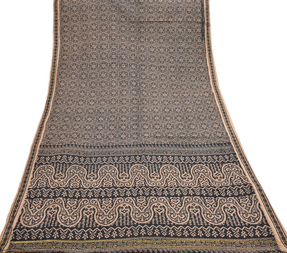 Indian Vintage Sari Beige & Black Printed Pure Cotton Sarees Fabric Floral 5Yd Sarong Wrap Boho Fabric Kimono Soft Dress making Crafting