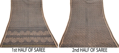 Indian Vintage Sari Beige & Black Printed Pure Cotton Sarees Fabric Floral 5Yd Sarong Wrap Boho Fabric Kimono Soft Dress making Crafting