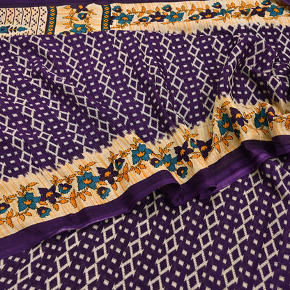 Indian Vintage Sari Purple & Ivory Pure Cotton Printed Saree 5Yd Craft Fabric Sewing Sarong Wrap Boho Floral Quilting crafting dressmaking