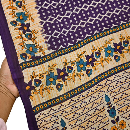 Indian Vintage Sari Purple & Ivory Pure Cotton Printed Saree 5Yd Craft Fabric Sewing Sarong Wrap Boho Floral Quilting crafting dressmaking