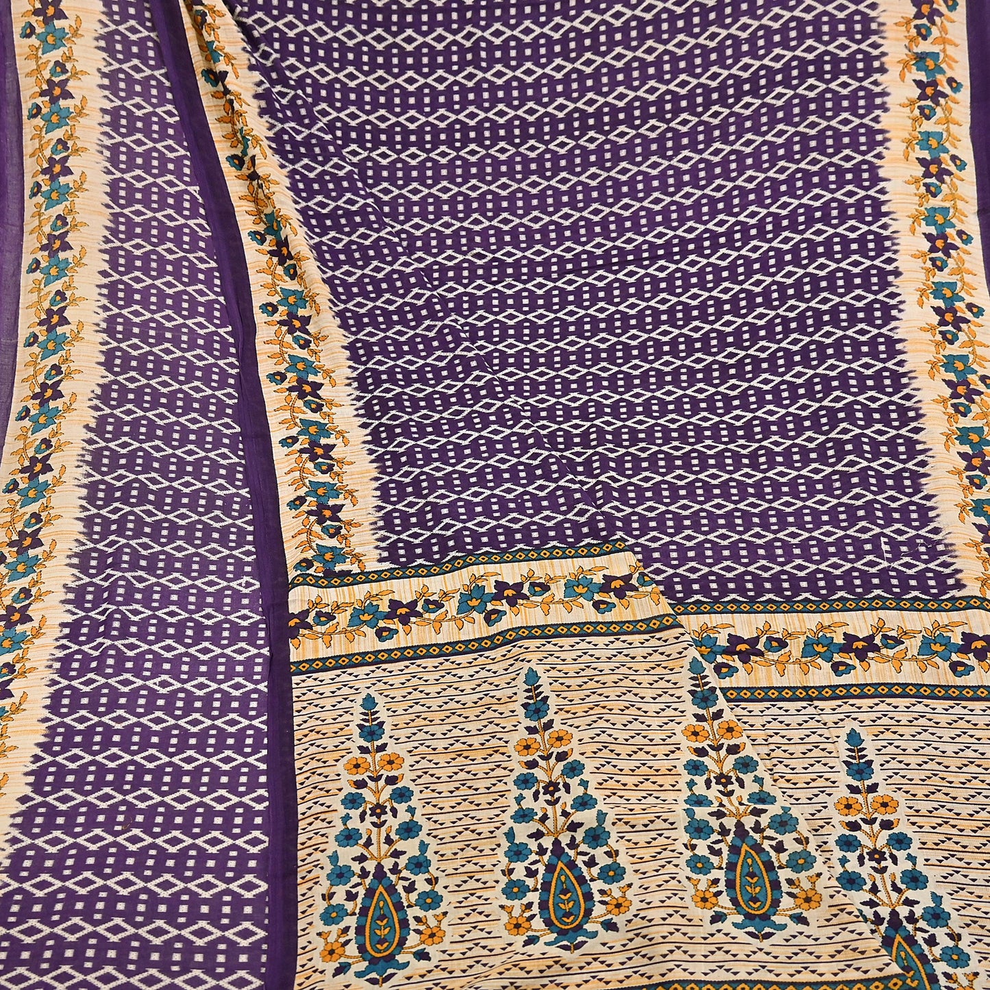 Indian Vintage Sari Purple & Ivory Pure Cotton Printed Saree 5Yd Craft Fabric Sewing Sarong Wrap Boho Floral Quilting crafting dressmaking
