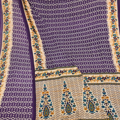 Indian Vintage Sari Purple & Ivory Pure Cotton Printed Saree 5Yd Craft Fabric Sewing Sarong Wrap Boho Floral Quilting crafting dressmaking