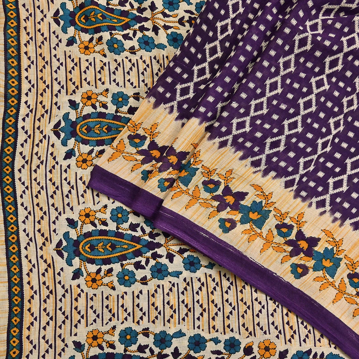 Indian Vintage Sari Purple & Ivory Pure Cotton Printed Saree 5Yd Craft Fabric Sewing Sarong Wrap Boho Floral Quilting crafting dressmaking