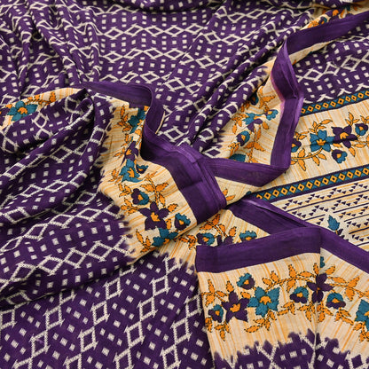 Indian Vintage Sari Purple & Ivory Pure Cotton Printed Saree 5Yd Craft Fabric Sewing Sarong Wrap Boho Floral Quilting crafting dressmaking