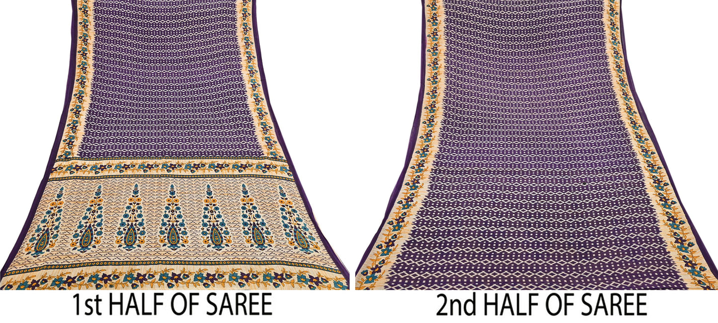 Indian Vintage Sari Purple & Ivory Pure Cotton Printed Saree 5Yd Craft Fabric Sewing Sarong Wrap Boho Floral Quilting crafting dressmaking