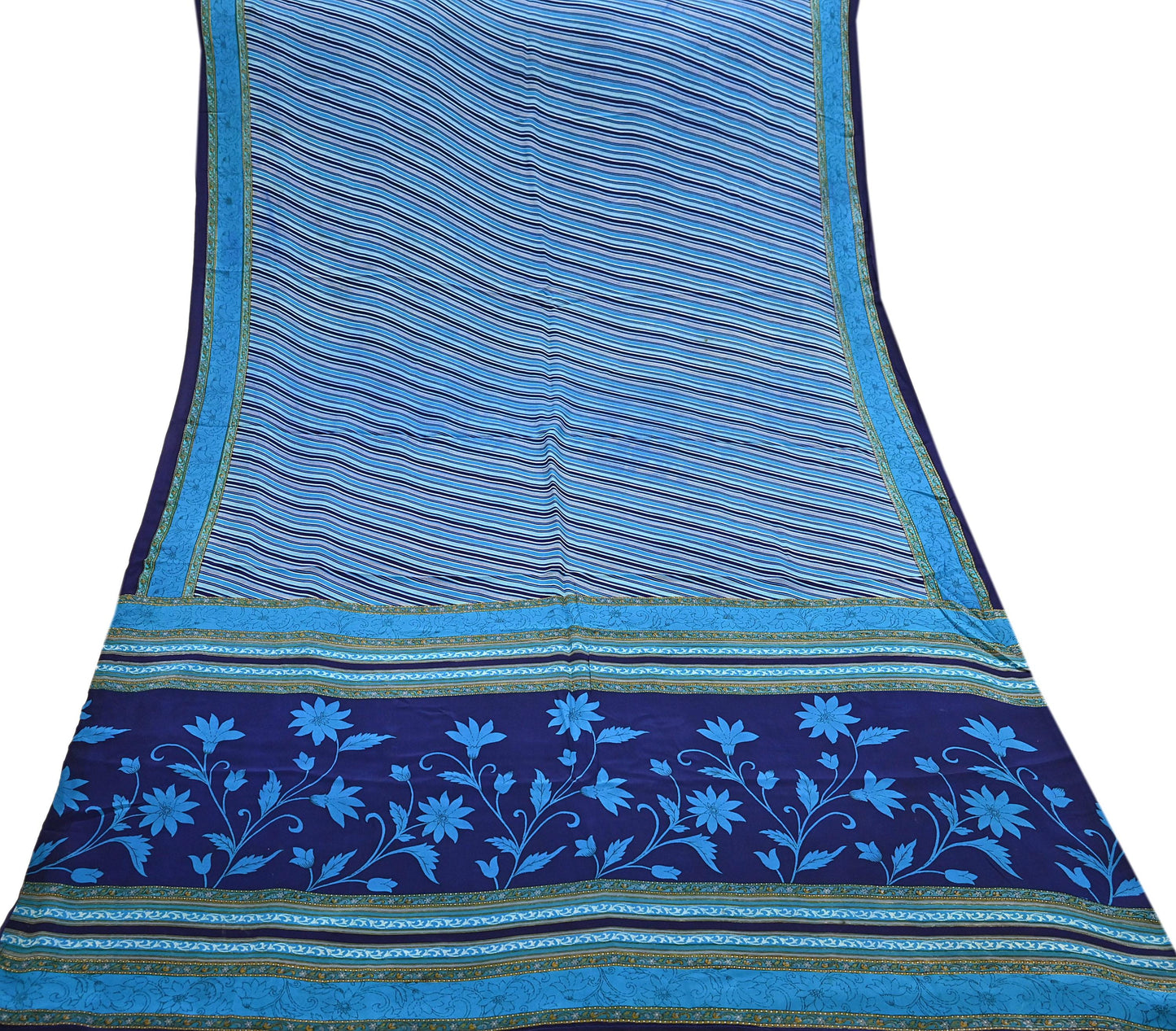 Indian Vintage Blue Saree Pure Crepe Silk Printed Sari Craft Fabric 5yd Sewing Abstract Soft Craft Fabric Wrap Dress making