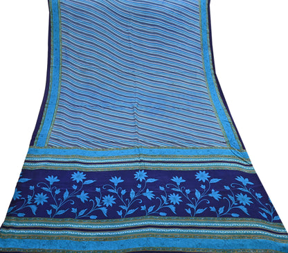 Indian Vintage Blue Saree Pure Crepe Silk Printed Sari Craft Fabric 5yd Sewing Abstract Soft Craft Fabric Wrap Dress making