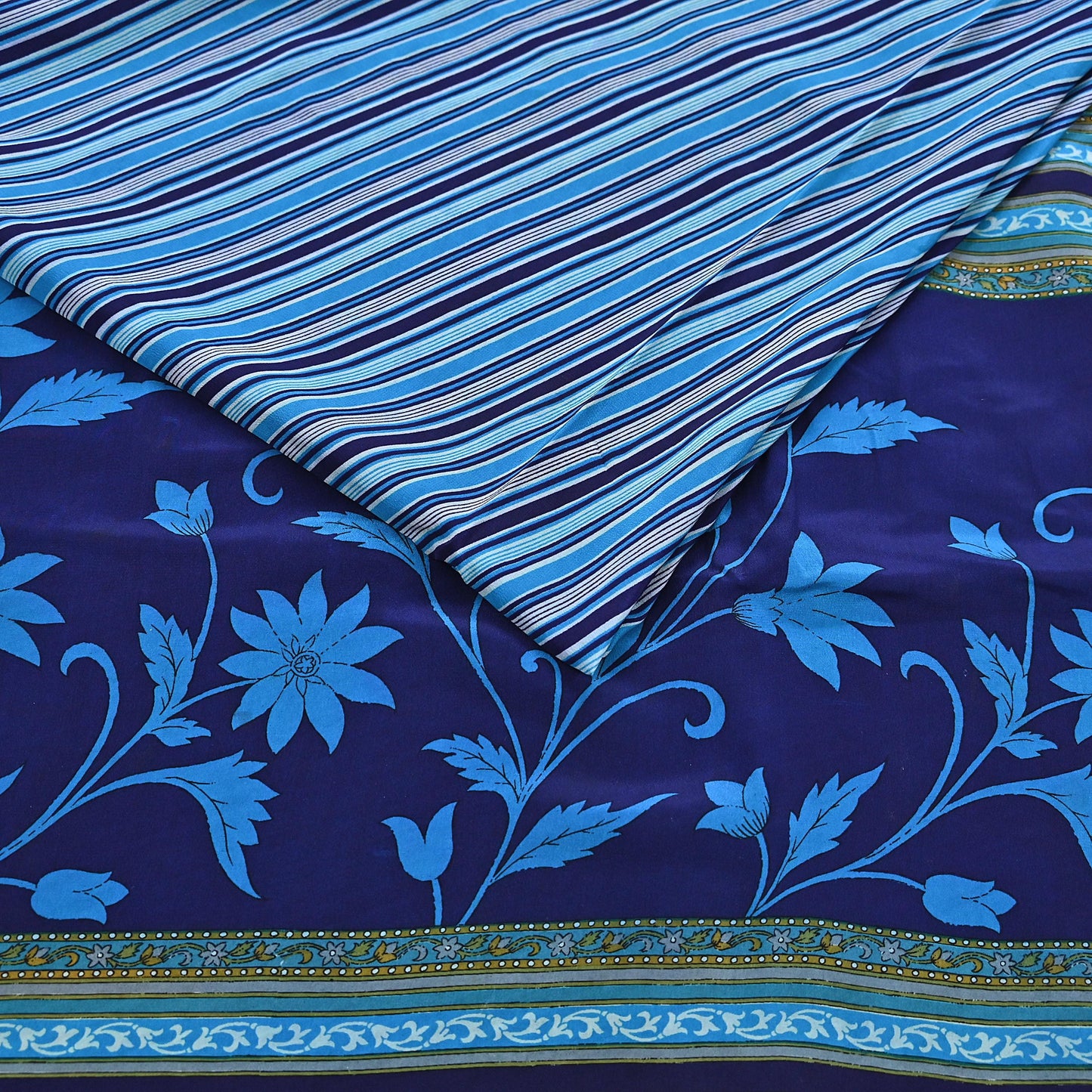 Indian Vintage Blue Saree Pure Crepe Silk Printed Sari Craft Fabric 5yd Sewing Abstract Soft Craft Fabric Wrap Dress making