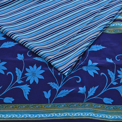 Indian Vintage Blue Saree Pure Crepe Silk Printed Sari Craft Fabric 5yd Sewing Abstract Soft Craft Fabric Wrap Dress making