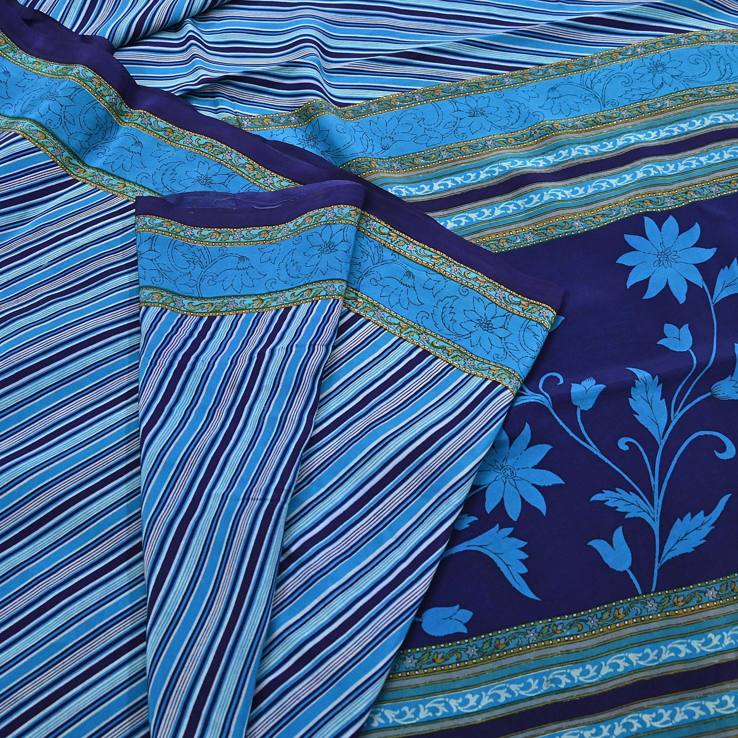 Indian Vintage Blue Saree Pure Crepe Silk Printed Sari Craft Fabric 5yd Sewing Abstract Soft Craft Fabric Wrap Dress making
