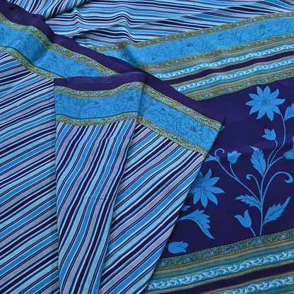 Indian Vintage Blue Saree Pure Crepe Silk Printed Sari Craft Fabric 5yd Sewing Abstract Soft Craft Fabric Wrap Dress making