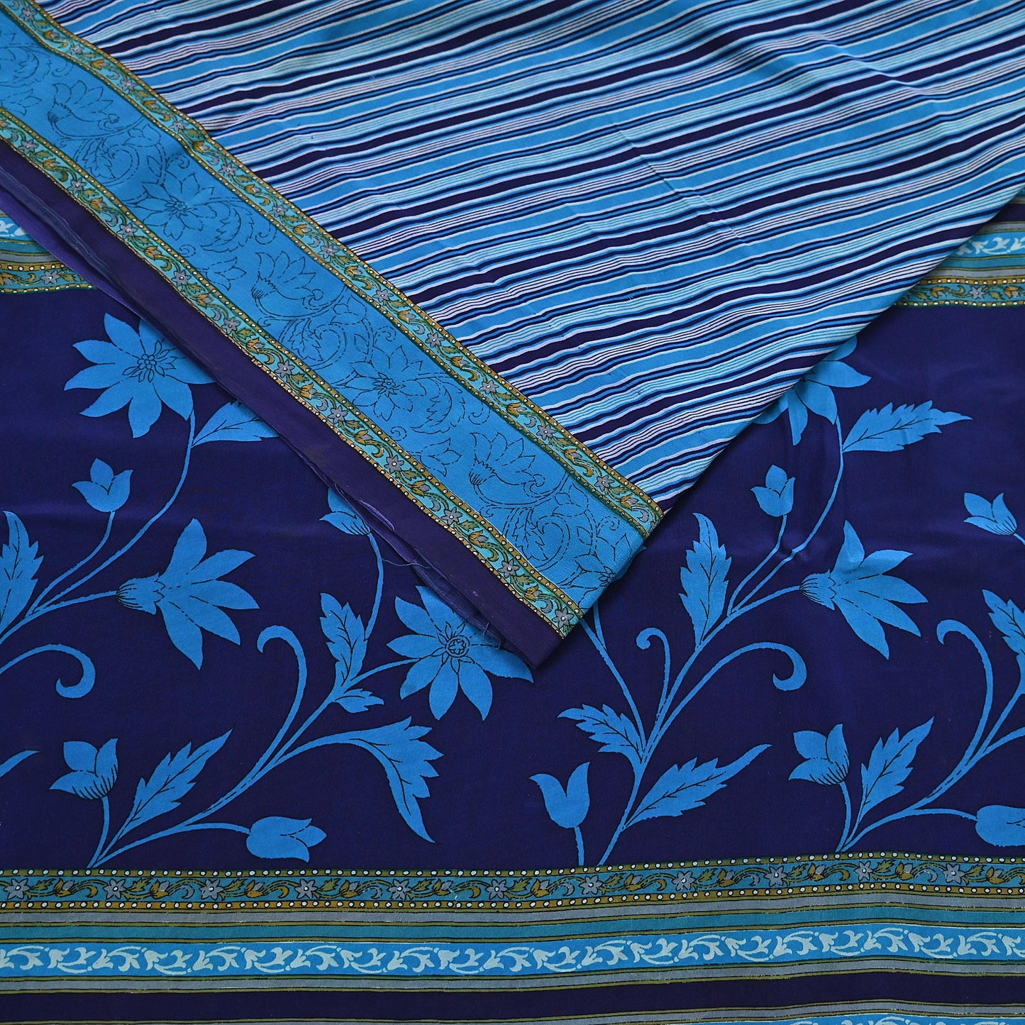 Indian Vintage Blue Saree Pure Crepe Silk Printed Sari Craft Fabric 5yd Sewing Abstract Soft Craft Fabric Wrap Dress making