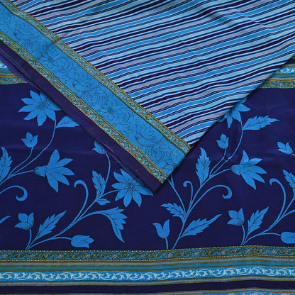 Indian Vintage Blue Saree Pure Crepe Silk Printed Sari Craft Fabric 5yd Sewing Abstract Soft Craft Fabric Wrap Dress making