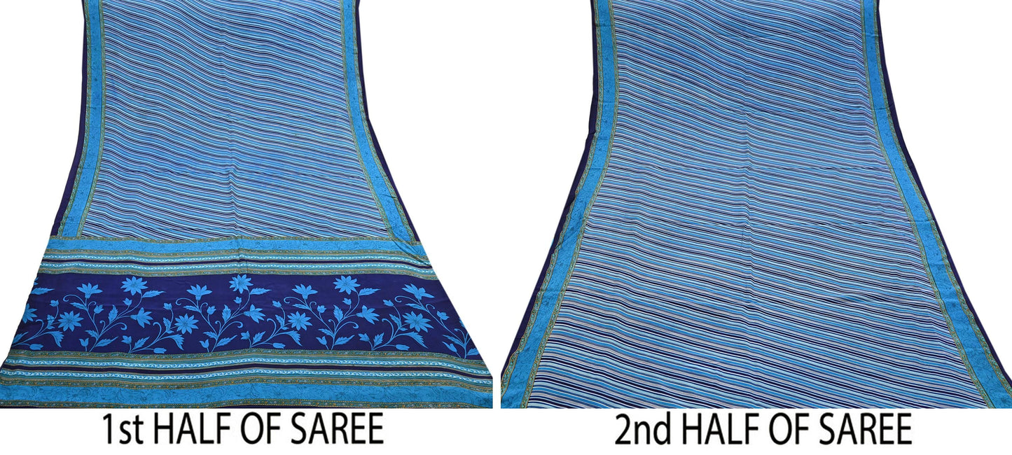 Indian Vintage Blue Saree Pure Crepe Silk Printed Sari Craft Fabric 5yd Sewing Abstract Soft Craft Fabric Wrap Dress making