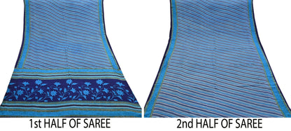 Indian Vintage Blue Saree Pure Crepe Silk Printed Sari Craft Fabric 5yd Sewing Abstract Soft Craft Fabric Wrap Dress making