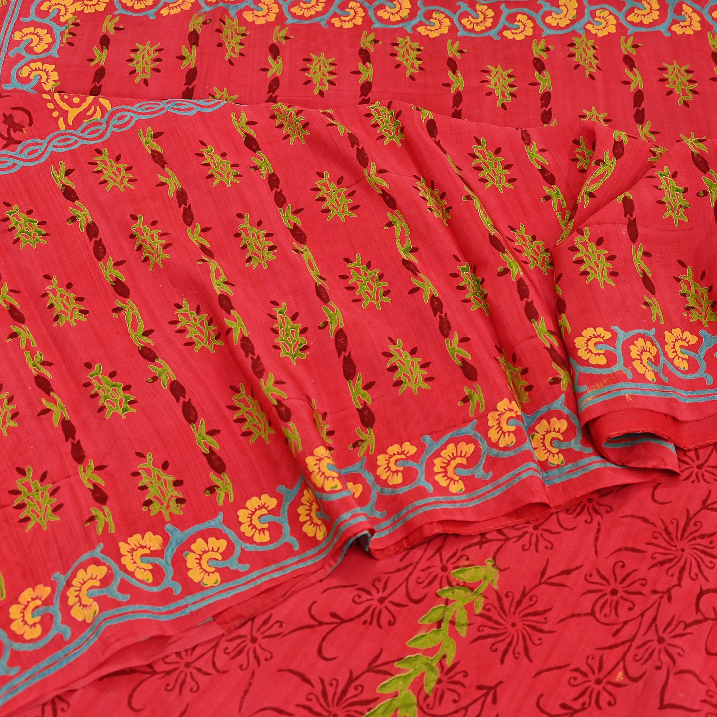 Indian Vintage Sari Red Pure Crepe Silk Printed Saree 6yard Sewing Quilting Floral Soft Craft Fabric Wrap