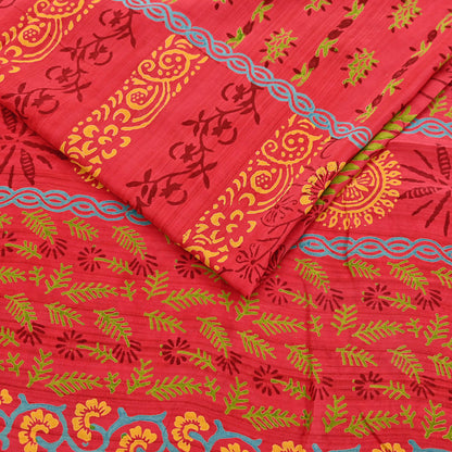 Indian Vintage Sari Red Pure Crepe Silk Printed Saree 6yard Sewing Quilting Floral Soft Craft Fabric Wrap