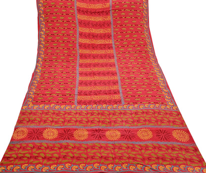 Indian Vintage Sari Red Pure Crepe Silk Printed Saree 6yard Sewing Quilting Floral Soft Craft Fabric Wrap