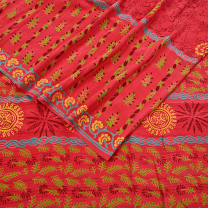 Indian Vintage Sari Red Pure Crepe Silk Printed Saree 6yard Sewing Quilting Floral Soft Craft Fabric Wrap