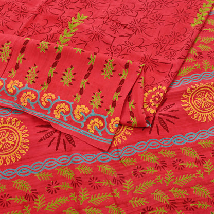 Indian Vintage Sari Red Pure Crepe Silk Printed Saree 6yard Sewing Quilting Floral Soft Craft Fabric Wrap