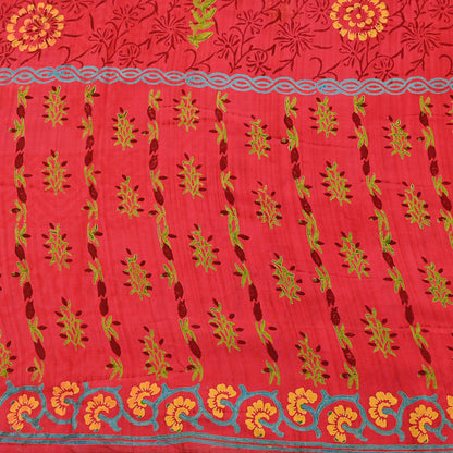 Indian Vintage Sari Red Pure Crepe Silk Printed Saree 6yard Sewing Quilting Floral Soft Craft Fabric Wrap