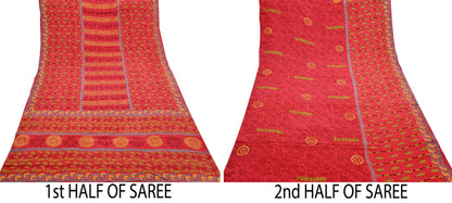 Indian Vintage Sari Red Pure Crepe Silk Printed Saree 6yard Sewing Quilting Floral Soft Craft Fabric Wrap